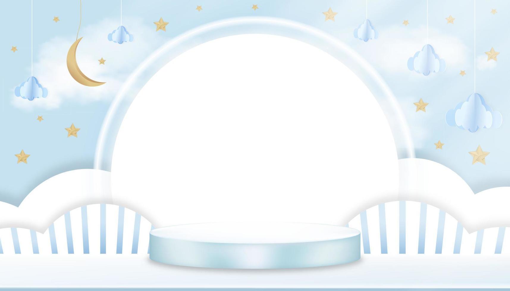 fond de douche de bébé sur ciel bleu et nuage, carte de voeux mignonne vectorielle avec podium 3d, cloudscape origami découpé en papier, croissant de lune et étoiles sur fond bleu et avec espace de copie pour photo de bébé vecteur