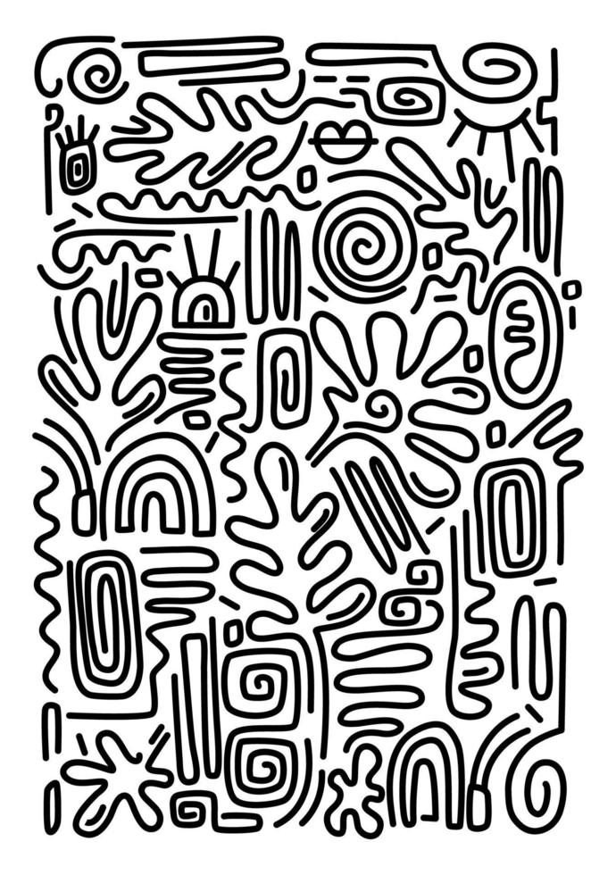 autocollants et étiquettes de vecteur dans le style doodle. motif imprimable contemporain esthétique avec des formes abstraites de trait de pinceau de ligne élégante minimale et une ligne dans les couleurs noires. toile de fond de gribouillis enfantin simple.