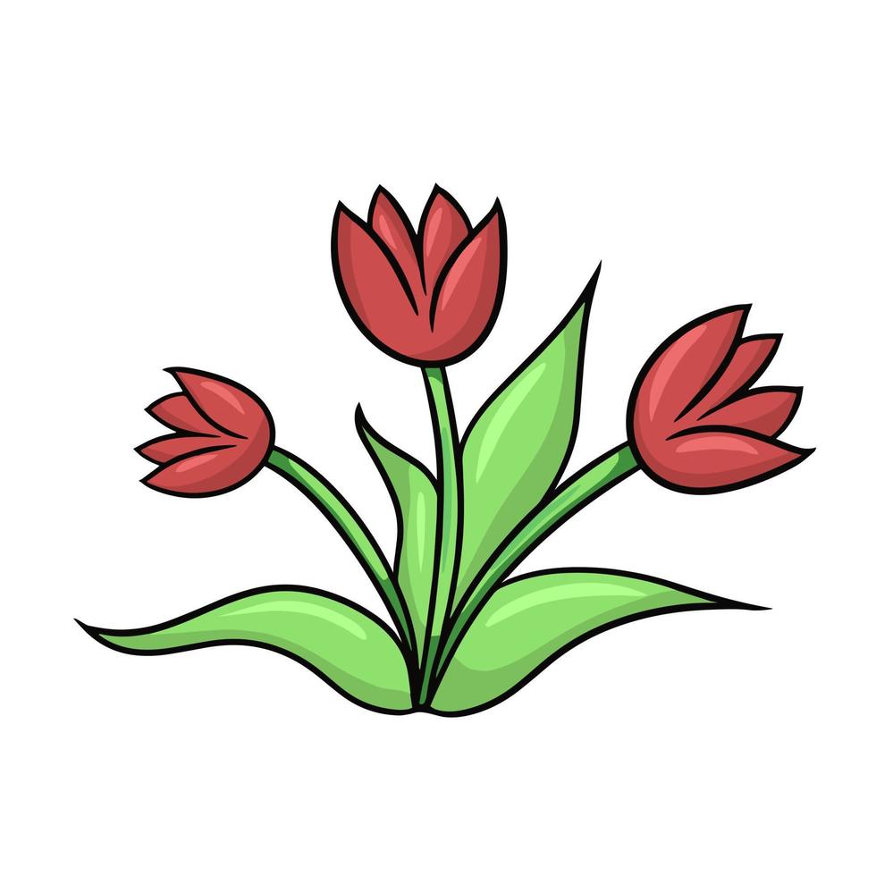 bouquet de tulipes rouges avec des feuilles, doodle, illustration vectorielle en style cartoon sur fond blanc vecteur