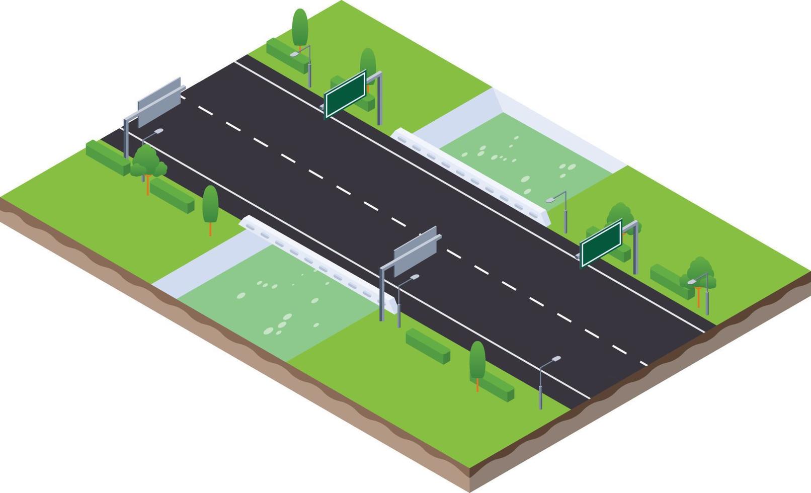 scène isométrique de la route de la circulation routière avec panneau et canal fluvial vecteur