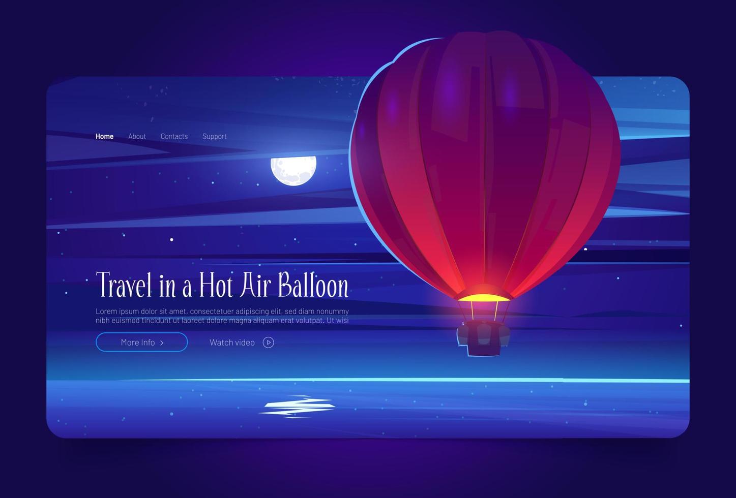 page d'atterrissage de dessin animé de vol de voyage en montgolfière vecteur