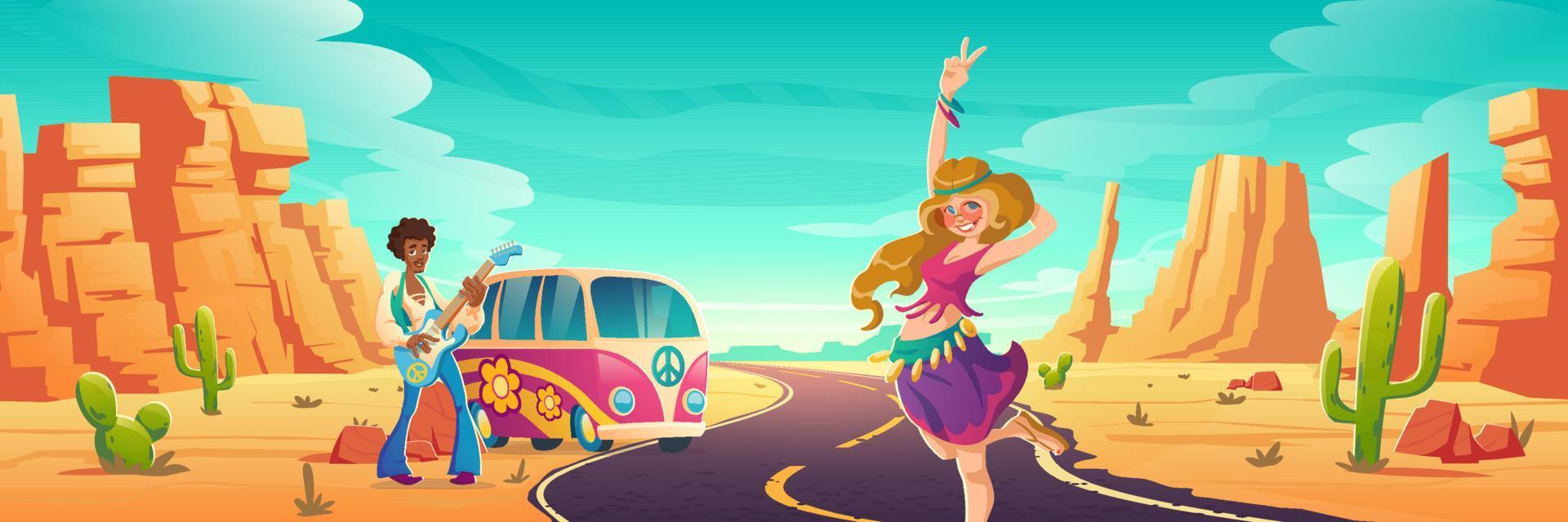 hippie dans l'autoroute du désert, concept de paix et d'amour vecteur