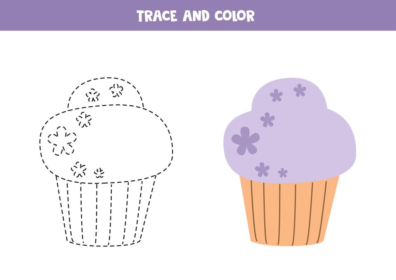 tracer et colorier le cupcake de dessin animé. feuille de travail pour les enfants. vecteur