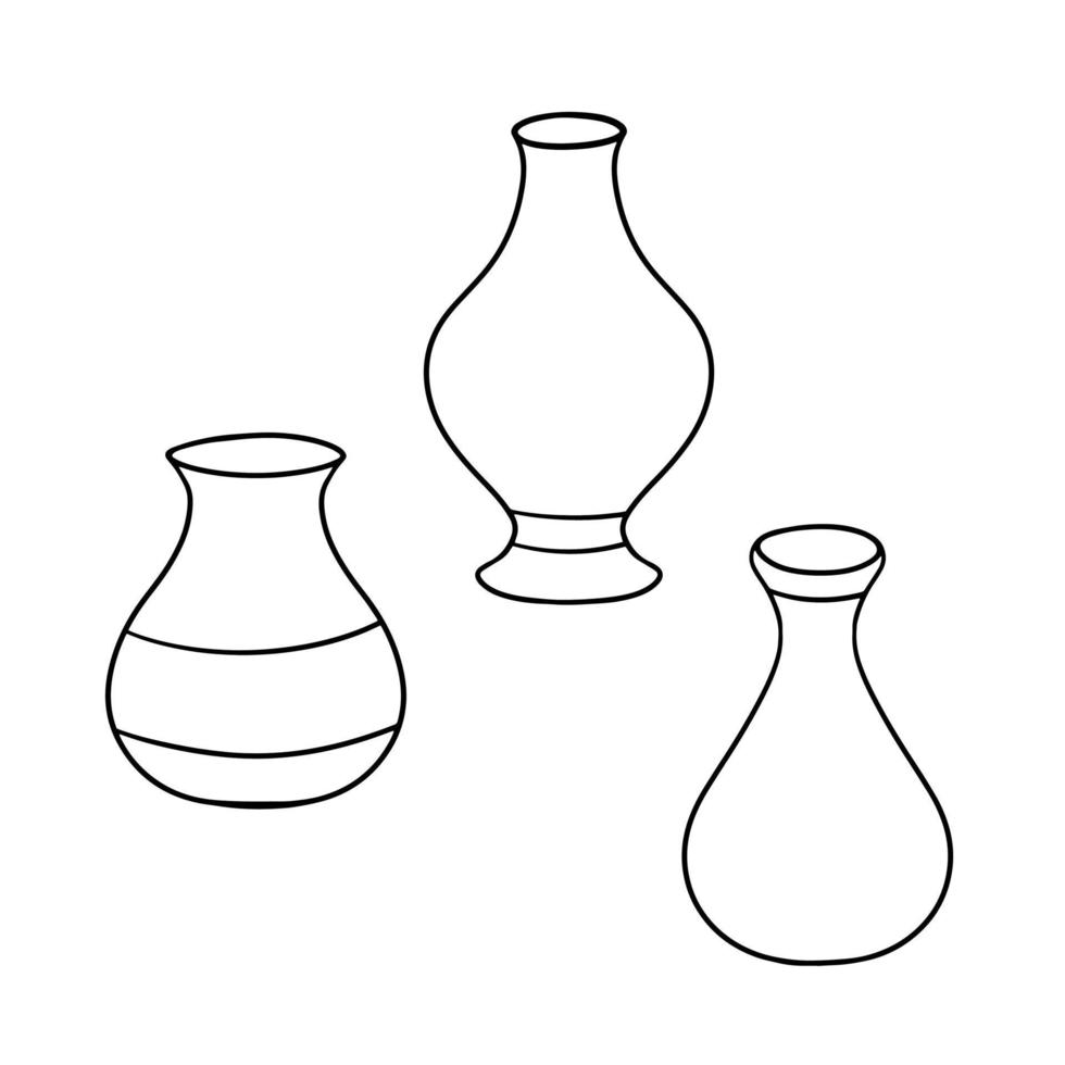 jeu d'icônes monochromes, vase à fleurs en céramique large avec un col étroit, cruche, illustration vectorielle en style cartoon vecteur