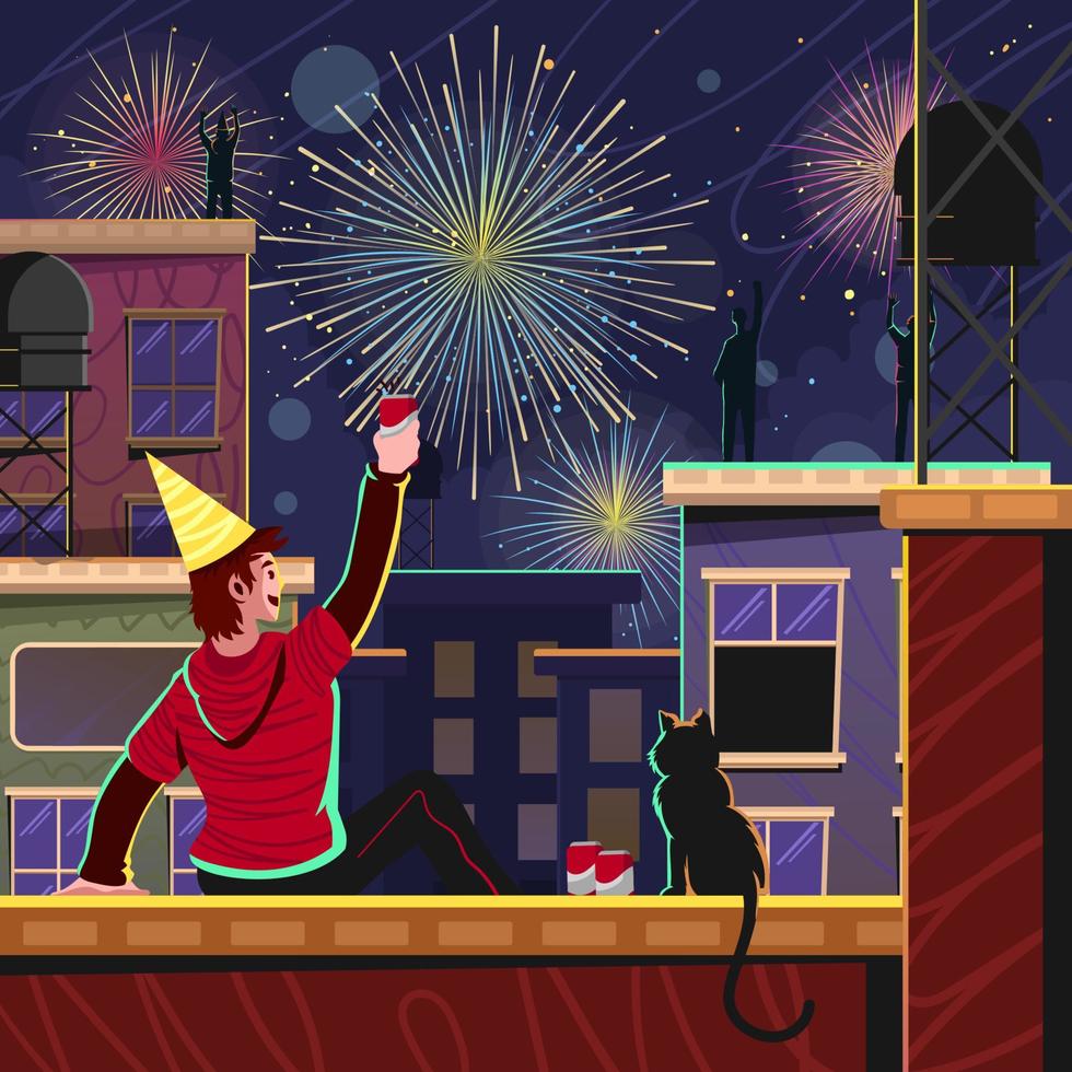 célébrer le feu d'artifice du nouvel an sur le toit vecteur