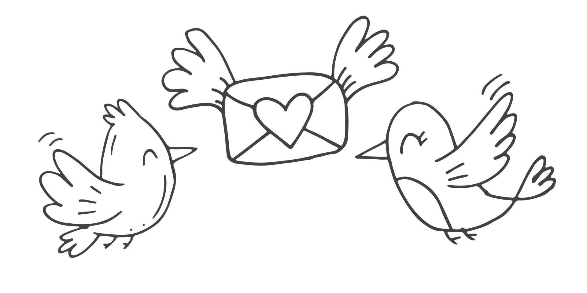 ensemble d'éléments de doodle mignons dessinés à la main sur l'amour. autocollants de message pour les applications. icônes pour la saint valentin, les événements romantiques et le mariage. tourtereaux avec une enveloppe avec des coeurs et une lettre d'amour. vecteur