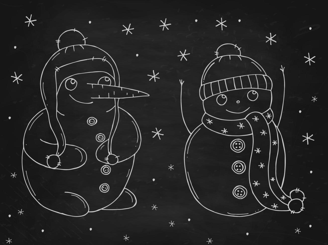 ensemble de bonhommes de neige mignons sur un tableau de craie noire. illustration vectorielle dans un style doodle. humeur d'hiver. bonjour 2023. joyeux noël et bonne année. vecteur