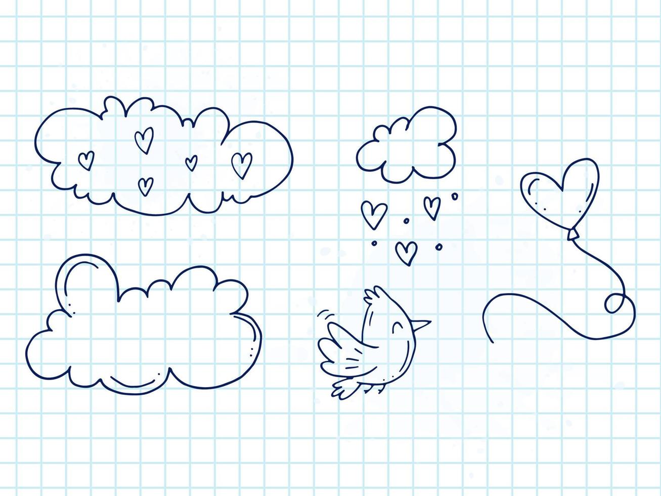 ensemble d'éléments de doodle mignons dessinés à la main sur l'amour. autocollants de message pour les applications. icônes pour la saint valentin, les événements romantiques et le mariage. un cahier à carreaux. un oiseau avec un ballon dans le ciel avec des nuages. vecteur
