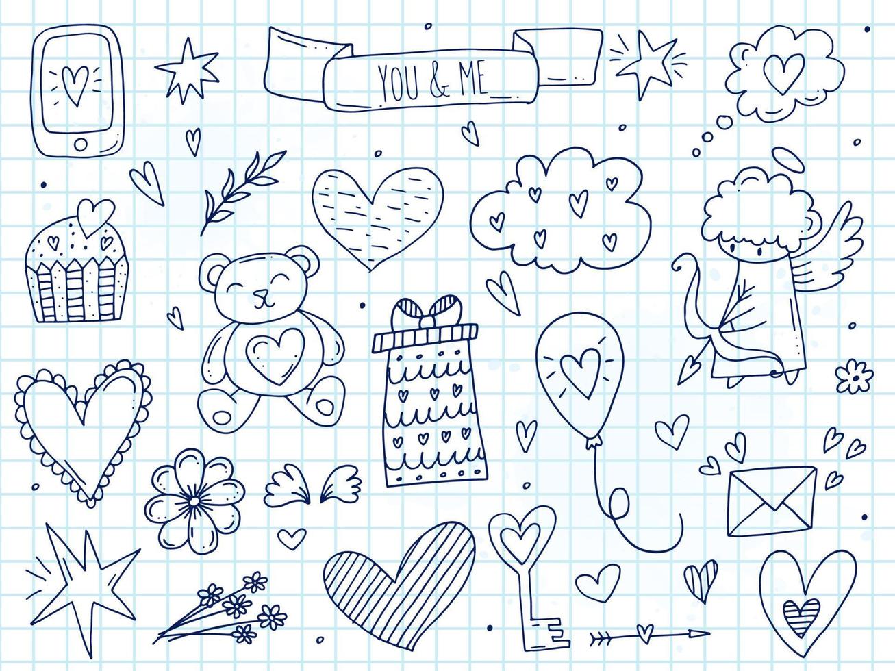 grand ensemble d'éléments de doodle mignons dessinés à la main sur l'amour. autocollants de message pour les applications. icônes pour la saint valentin, les événements romantiques et le mariage. un cahier à carreaux. vecteur