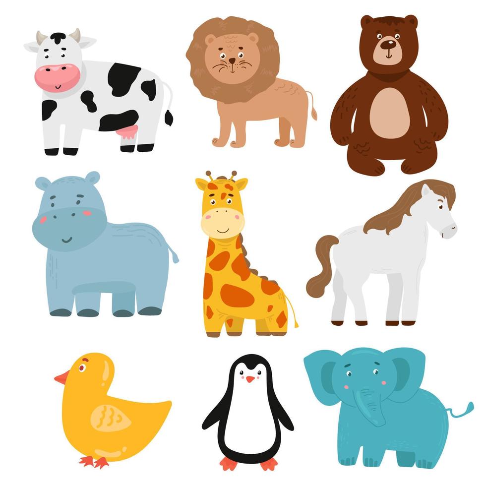 ensemble d'animaux de safari illustration vache lion ours hippopotame girafe cheval éléphant pingouin canard cerf, lièvre vecteur