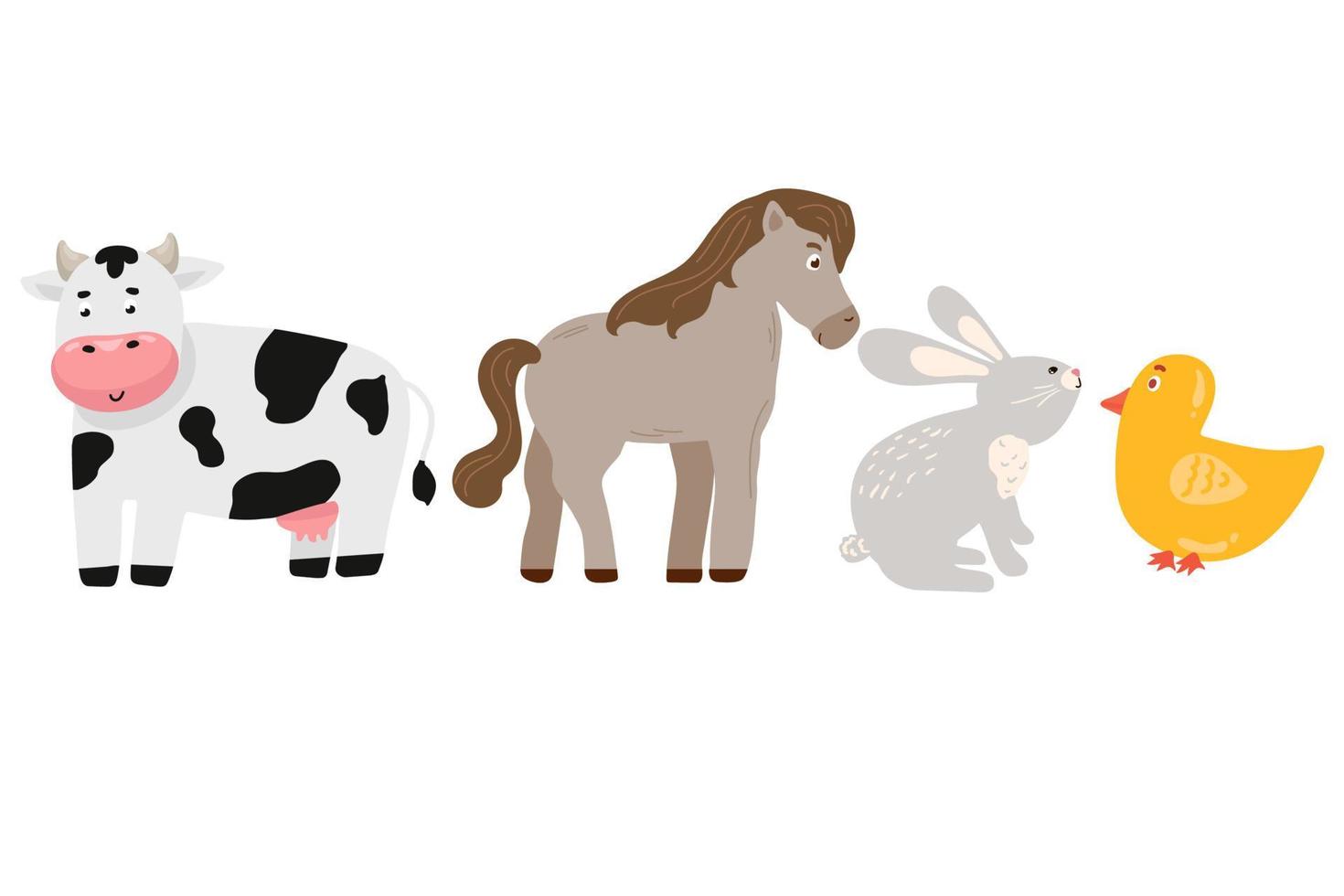 personnages des bois. animaux mignons de dessin animé pour cartes de bébé. cheval, cerf, poulet, vache, lièvre vecteur