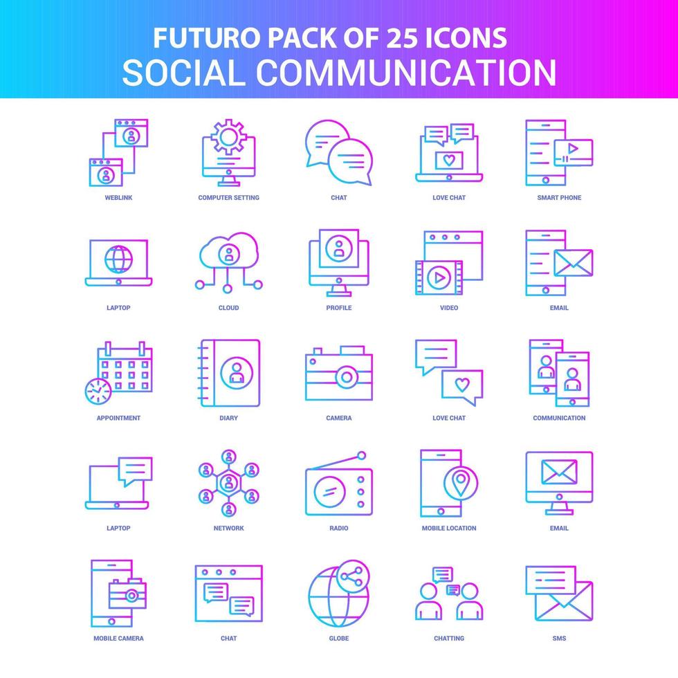 25 pack d'icônes de communication sociale futuro bleu et rose vecteur