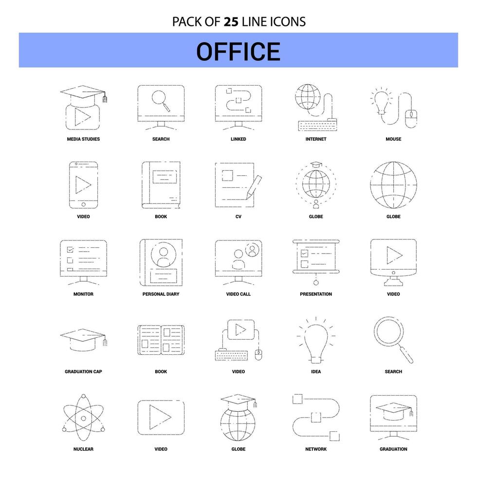 jeu d'icônes de ligne de bureau 25 style de contour en pointillé vecteur