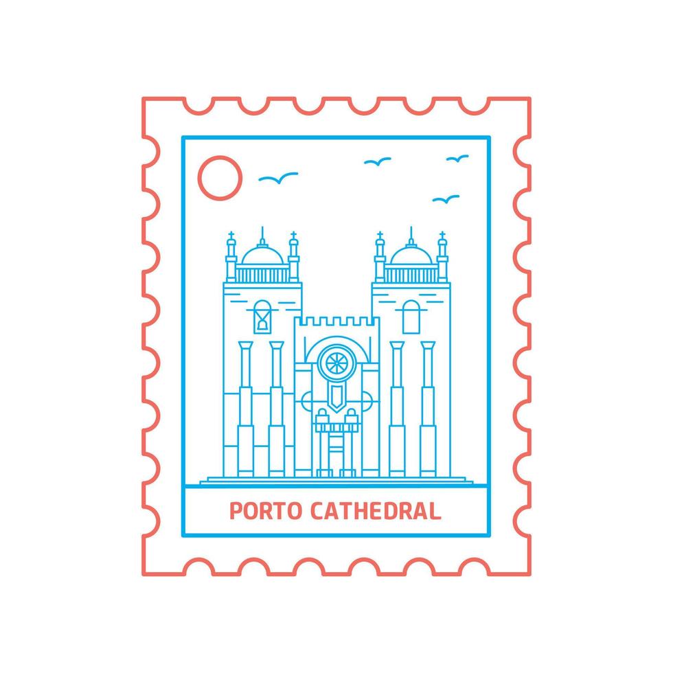 timbre-poste de la cathédrale de porto illustration vectorielle de style ligne bleue et rouge vecteur