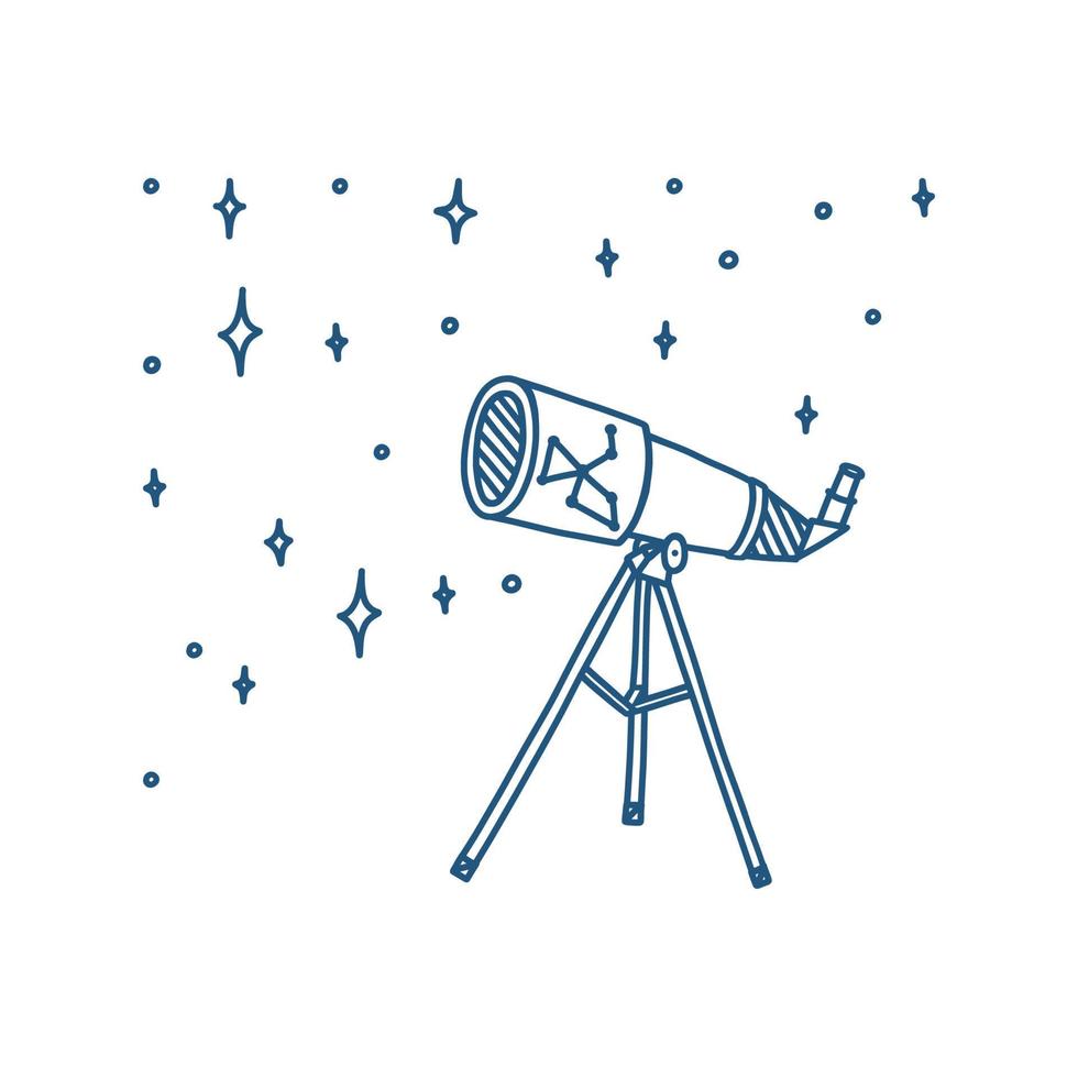 télescope et étoiles isolés sur fond blanc. impression de télescope doodle dessiné à la main. illustration vectorielle vecteur