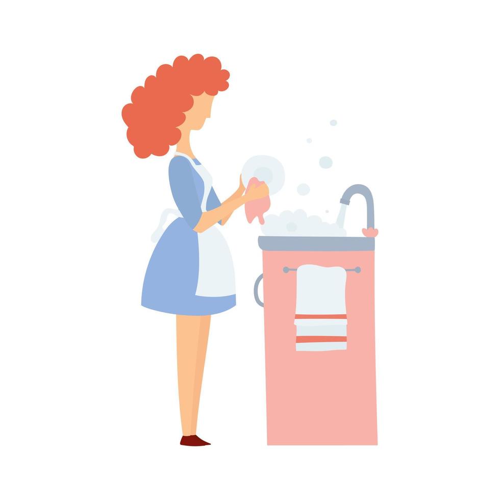 illustration vectorielle d'une femme au foyer isolée au travail. personnage de style plat, la femme lave la vaisselle. vecteur