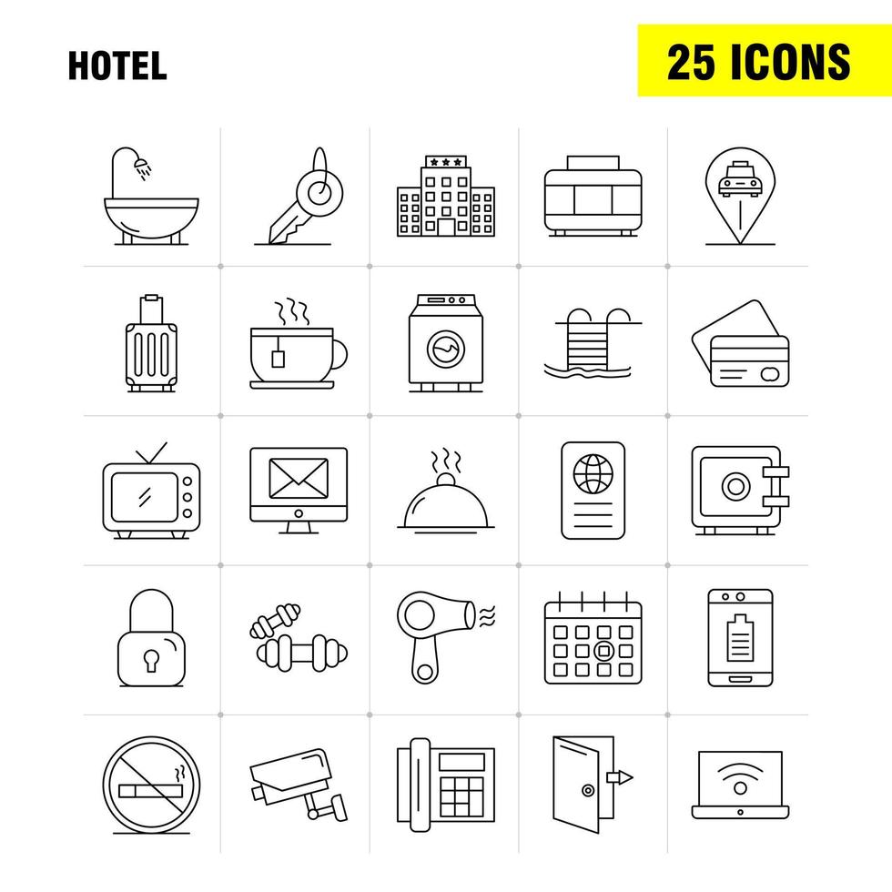 les icônes de la ligne de l'hôtel sont définies pour l'infographie le kit uxui mobile et la conception d'impression incluent l'enregistrement à la porte de l'hôtel la cellule mobile icon set vector