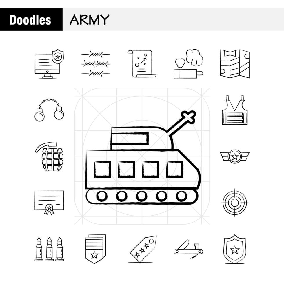 icônes dessinées à la main de l'armée définies pour l'infographie le kit uxui mobile et la conception d'impression incluent la loi d'application des badges de surveillance armée fil de fer barbelé icône française ensemble vecteur