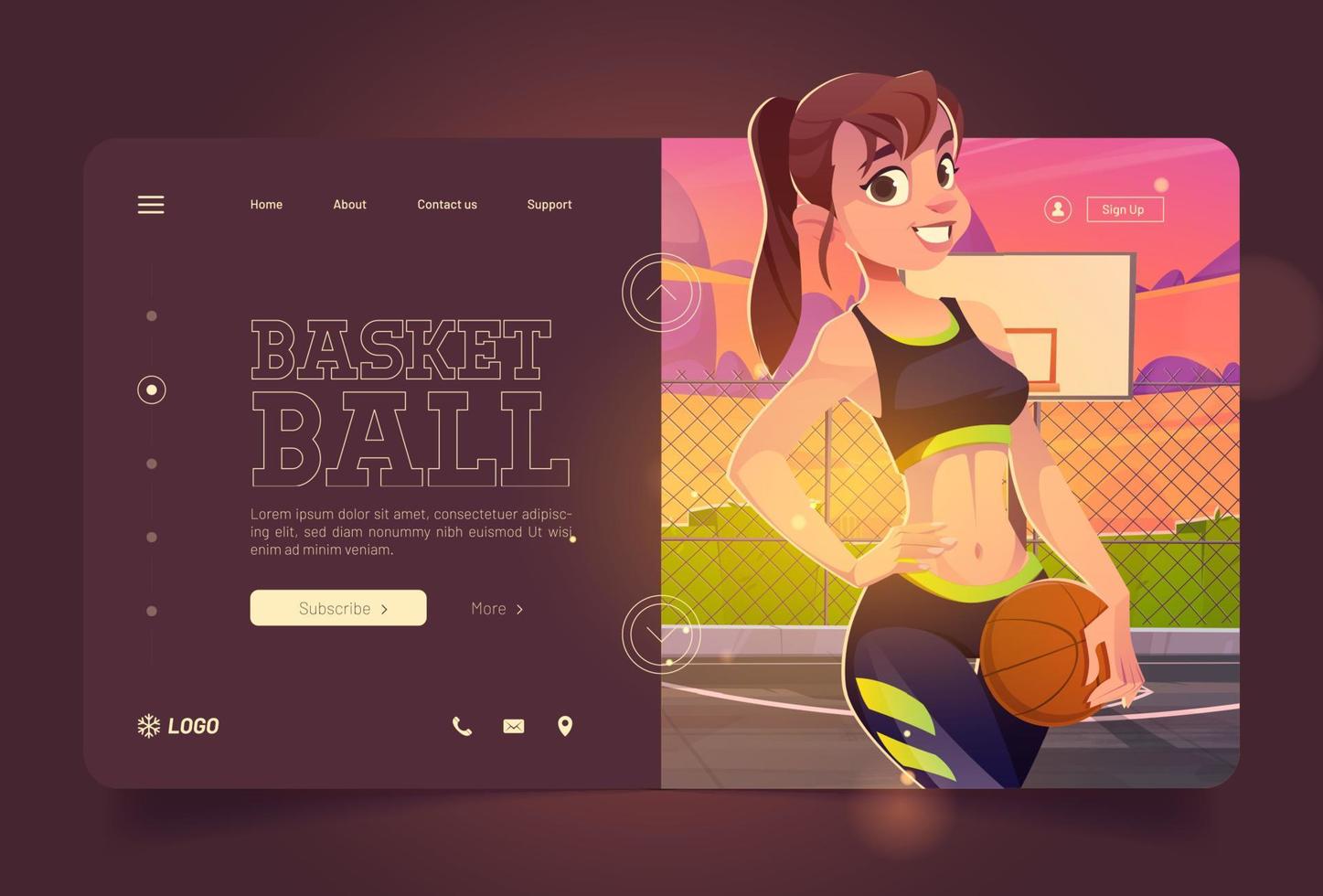 bannière de basket-ball avec une fille avec un ballon sur le terrain vecteur