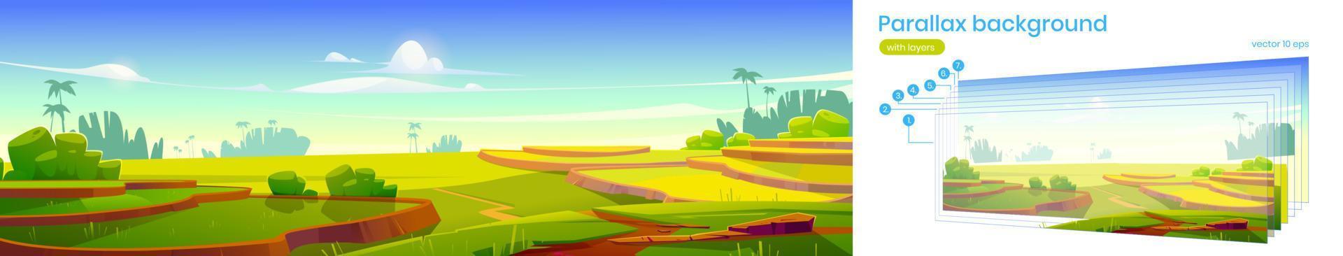 rizières asiatiques terrasses parallaxe 2d paysage vecteur
