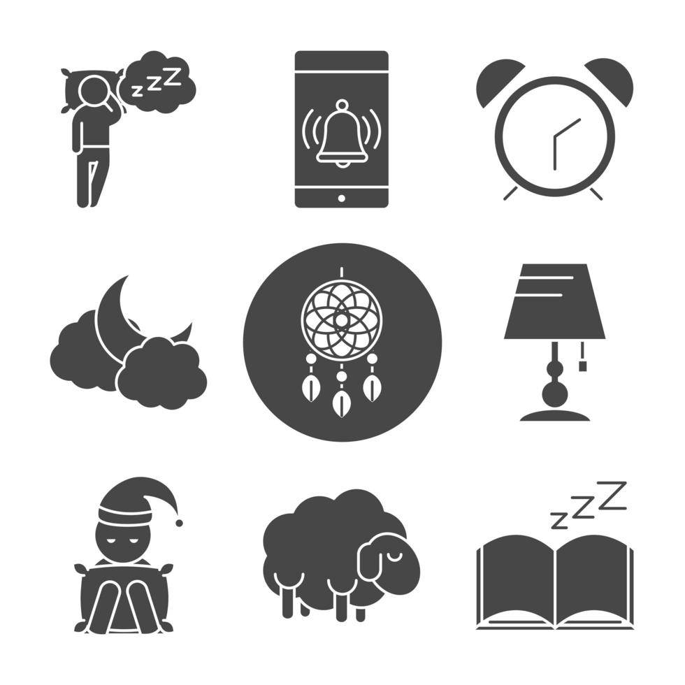 jeu d'icônes de silhouette de qualité de sommeil vecteur