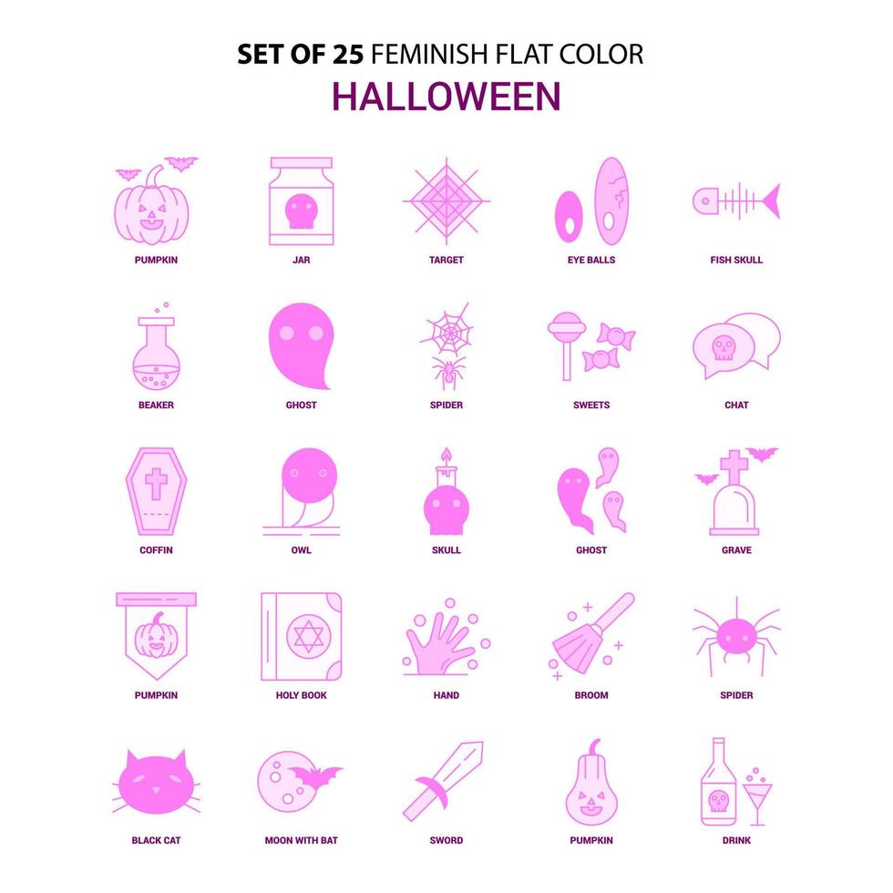 ensemble de 25 jeu d'icônes rose couleur plate halloween féministe vecteur
