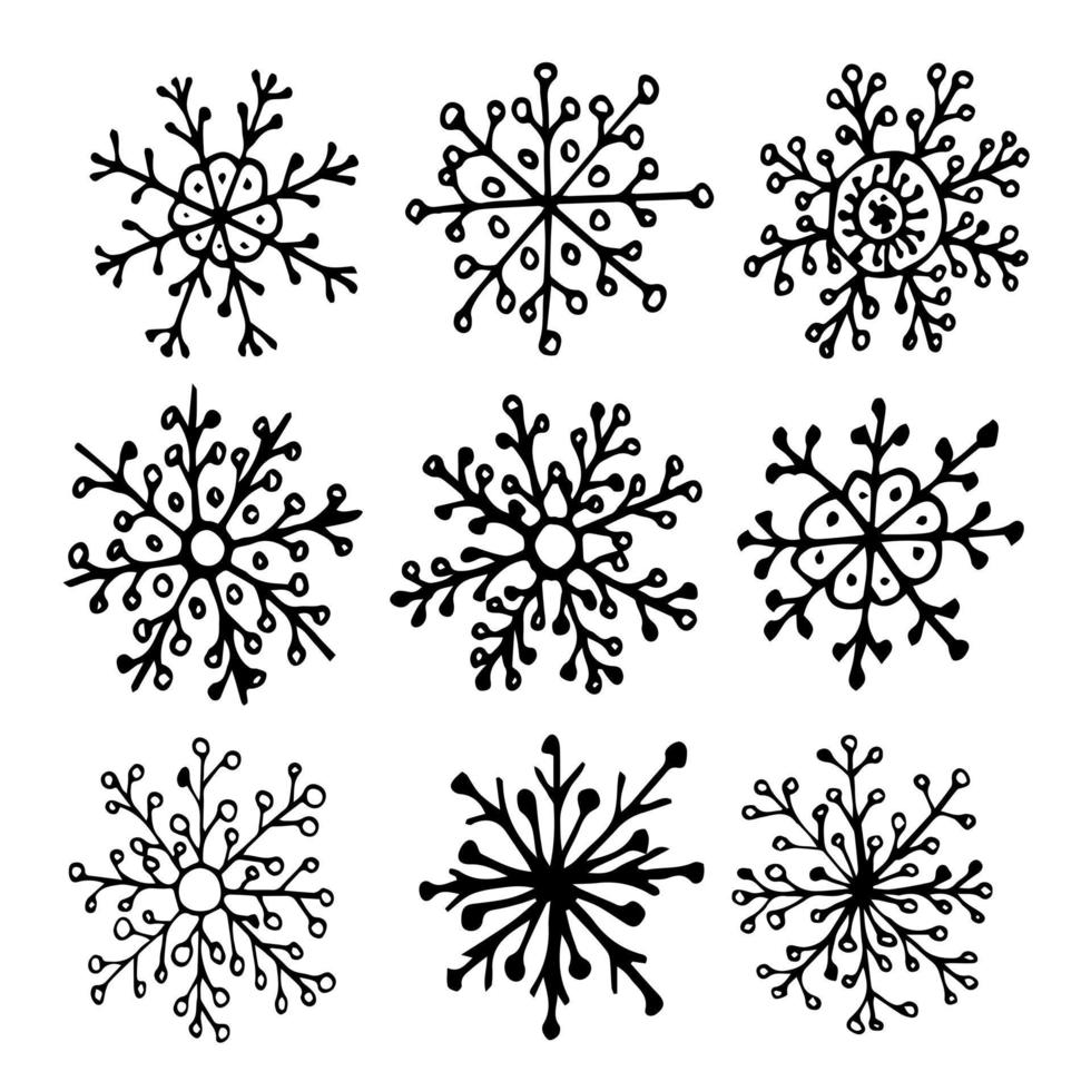 grand ensemble de flocons de neige vectoriels. clipart de Noël isolé sur fond blanc. flocons de neige glacés dessinés à la main. vecteur