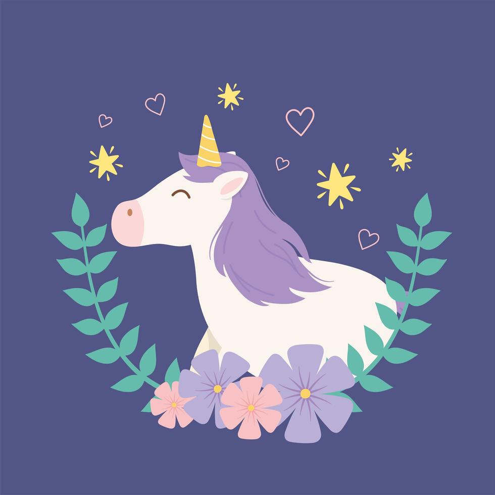 personnage de dessin animé de licorne magique avec des feuilles et des fleurs vecteur