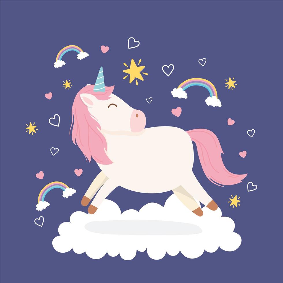 personnage de dessin animé de licorne magique avec des arcs-en-ciel vecteur