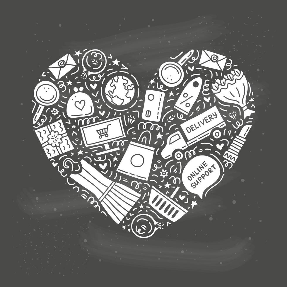 doodles de shopping e-commerce en forme de coeur. vecteur