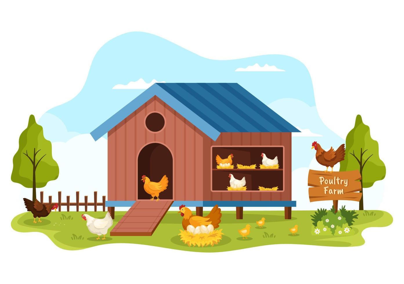 élevage de volailles avec agriculteur, cage, poulet et ferme d'oeufs sur fond de champ vert vue en illustration de modèle de dessin animé mignon dessiné à la main vecteur