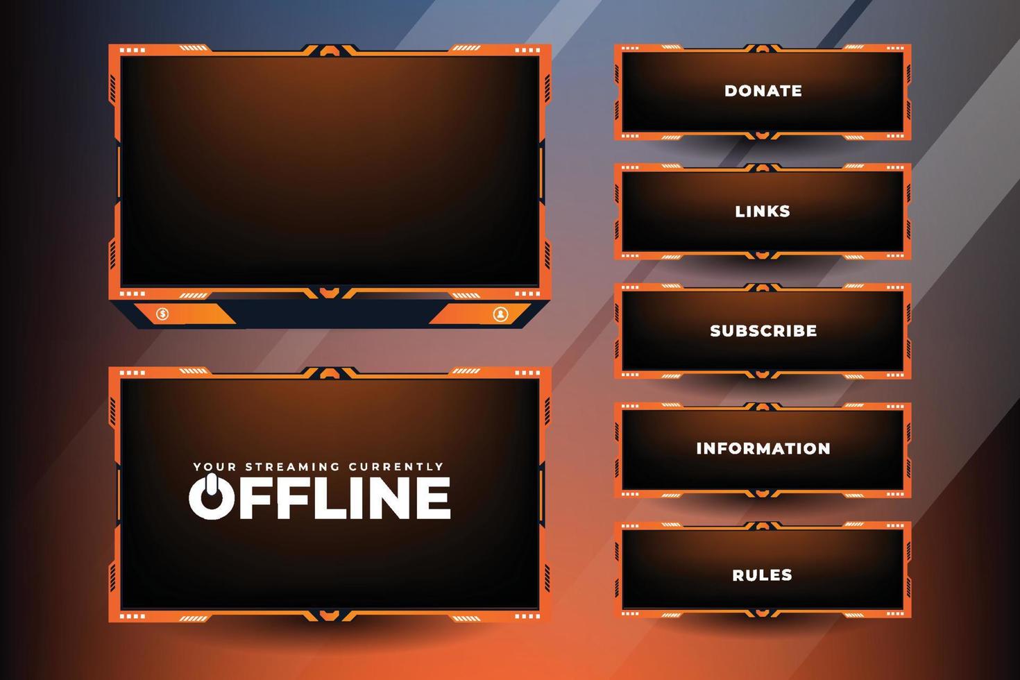 vecteur de bordure d'écran de jeu en ligne avec des couleurs orange et sombres. décoration de superposition de streaming élégante avec boutons d'abonnement. conception de panneau de jeu de diffusion futuriste pour les joueurs en direct.