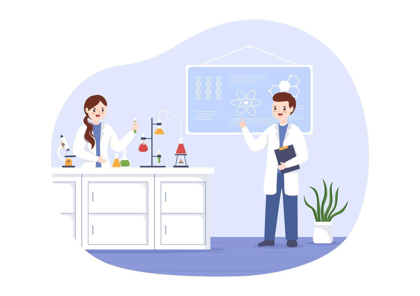 laboratoire avec recherche scientifique, expérimentation et mesure dans un laboratoire en dessin animé plat illustration de modèles dessinés à la main vecteur