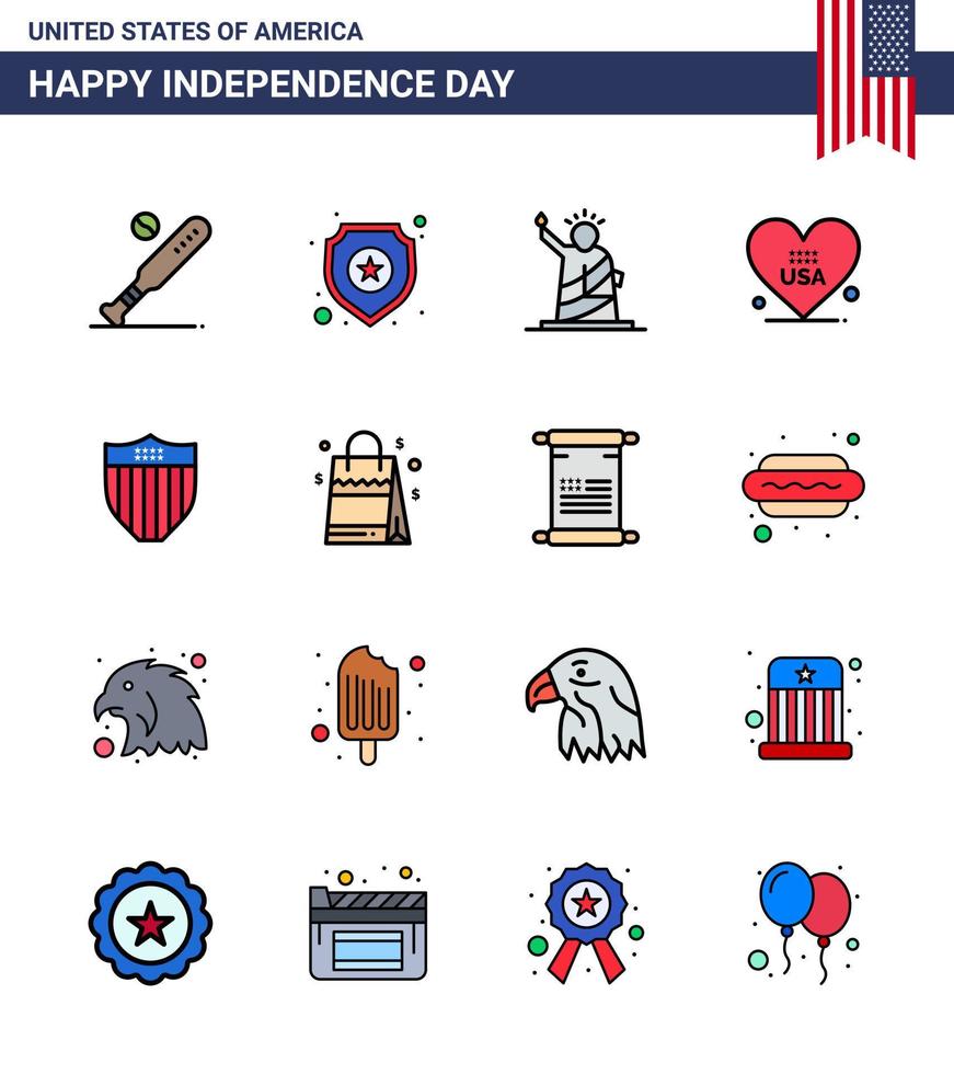 ensemble de 16 icônes de la journée des états-unis symboles américains signes de la fête de l'indépendance pour les états-unis signe d'amour statue de coeur éléments de conception vectoriels de la journée des états-unis modifiables vecteur