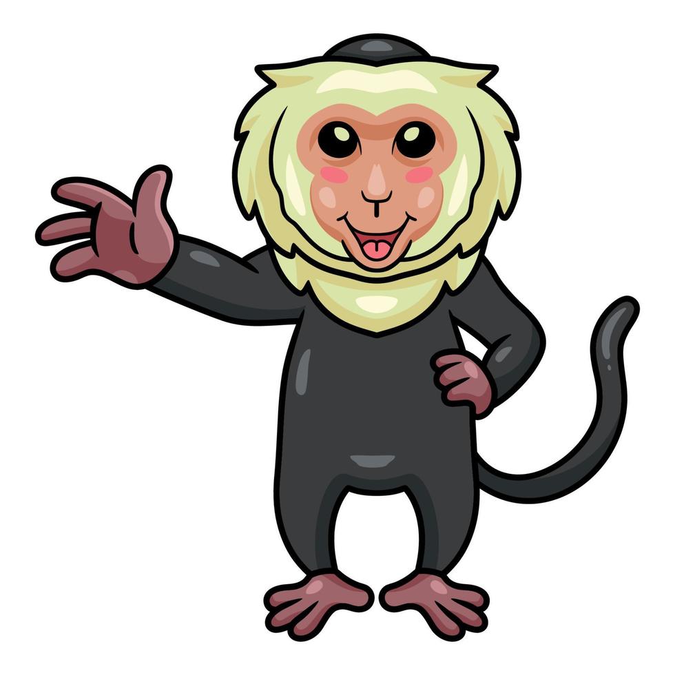 dessin animé mignon petit singe capucin agitant la main vecteur