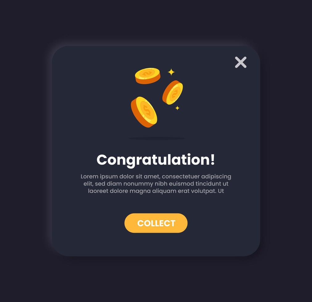 illustration pop-up de récompense dans un style de conception néomorphe sombre. élément d'interface utilisateur. vecteur