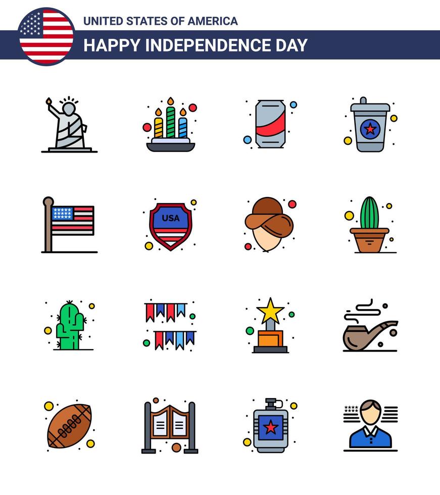 16 signes de ligne remplis à plat pour la fête de l'indépendance des états-unis drapeau uni bière soda boisson modifiable usa day vector design elements