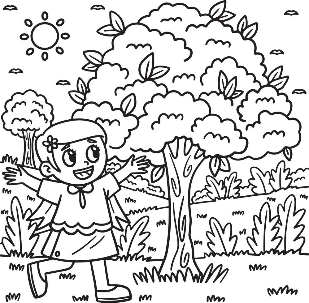 coloriage fille heureuse du jour de la terre dans un arbre vecteur