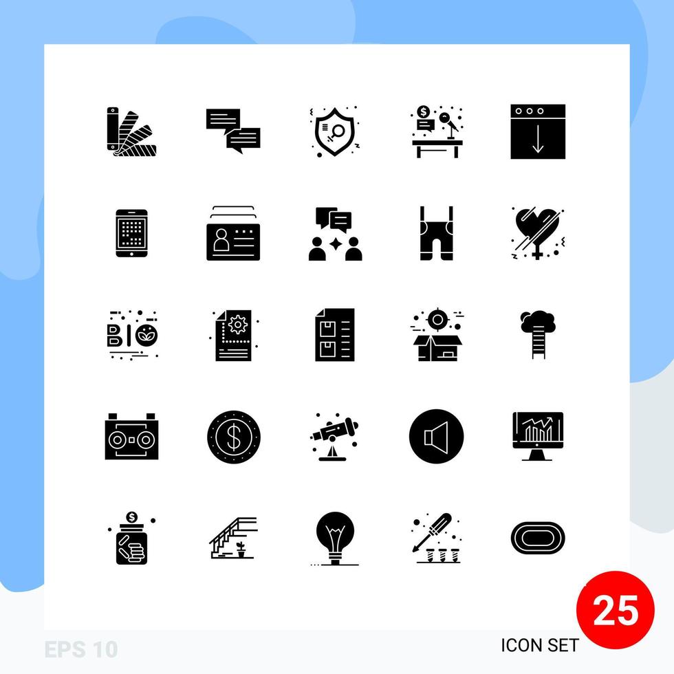 25 concept de glyphe solide pour les sites Web mobiles et applications application marteau justice bureau microphone éléments de conception vectoriels modifiables vecteur