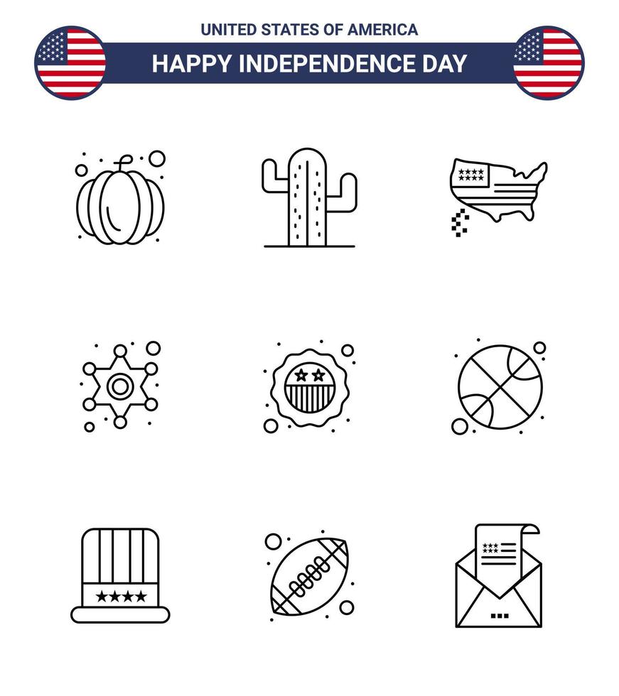 usa joyeux jour de l'indépendancepictogramme ensemble de 9 lignes simples d'insigne carte américaine police signe police modifiable usa day vector design elements