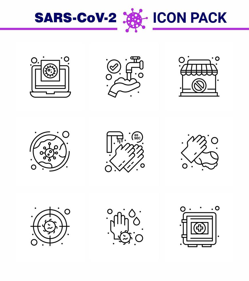 pack d'icônes de 9 lignes de la maladie du virus corona sucer comme infection coronavirus virus de lavage interdit coronavirus viral 2019nov éléments de conception de vecteur de maladie
