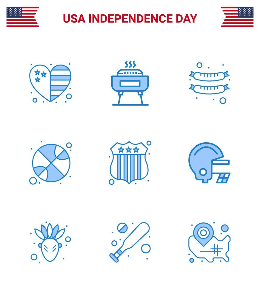 usa joyeux jour de l'indépendance ensemble de pictogrammes de 9 blues simples des états-unis insigne de police food day ball modifiables usa day vector design elements