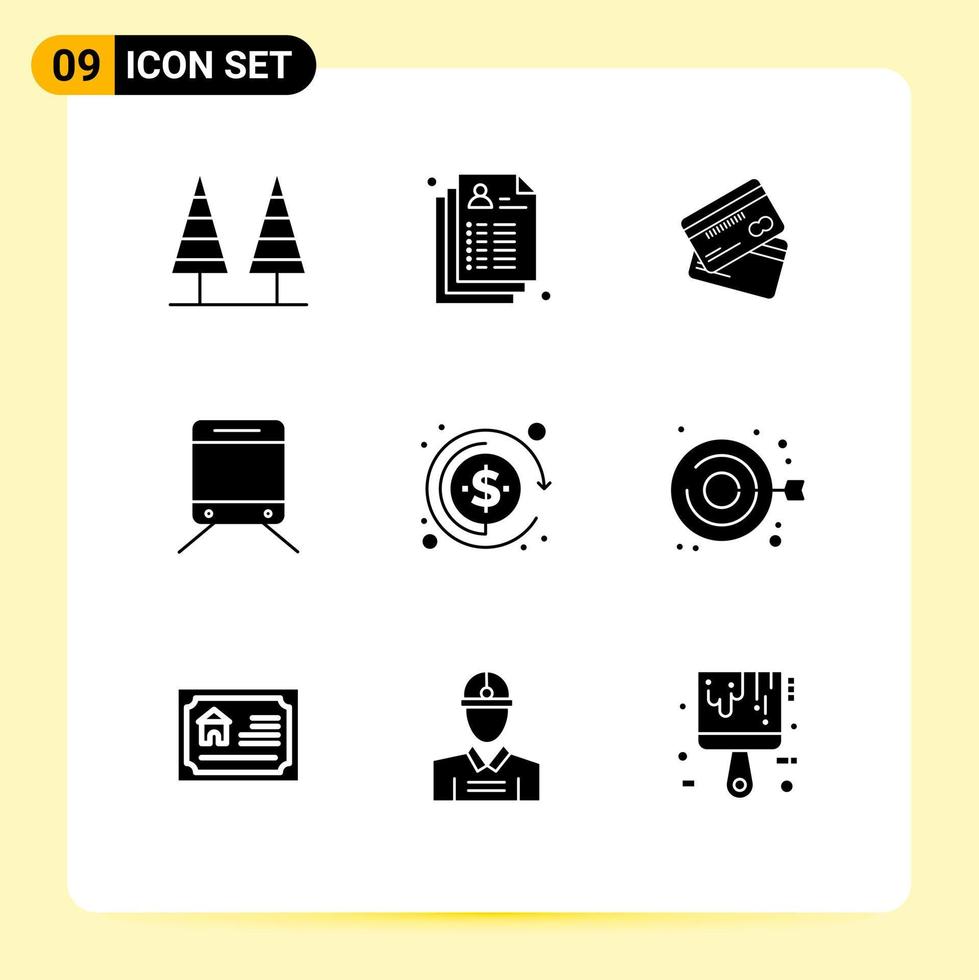 9 concept de glyphe solide pour les sites Web mobiles et les applications train achats record argent carte de crédit éléments de conception vectoriels modifiables vecteur