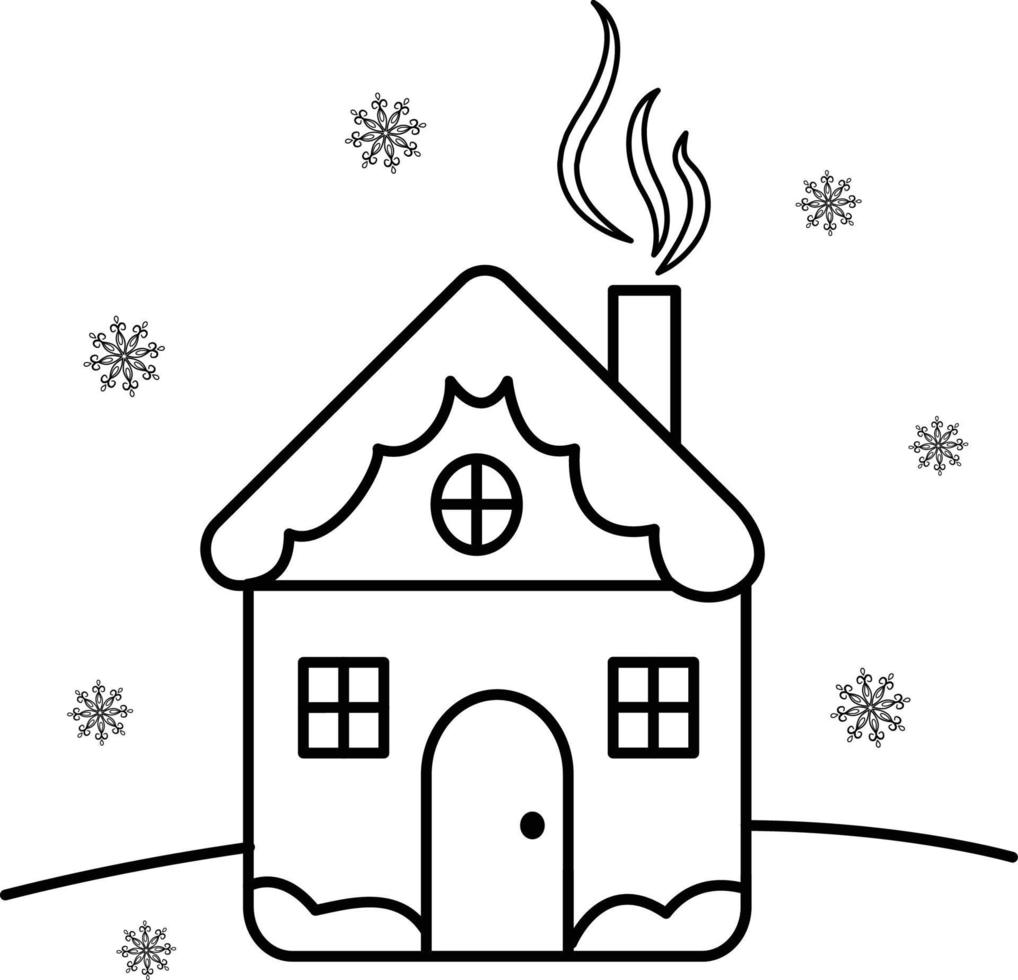 illustration vectorielle d'une maison de village d'hiver isolée sur fond blanc. contour noir. idéal pour le nouvel an, les livres de conception et de coloriage de noël, la publicité, la carte de noël. vecteur