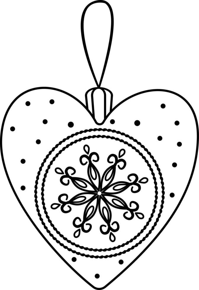 illustration festive d'un jouet d'arbre de noël en forme de coeur avec un beau motif. pour la conception et la coloration de noël, la publicité, les cartes postales.illustration vectorielle en noir et blanc. vecteur