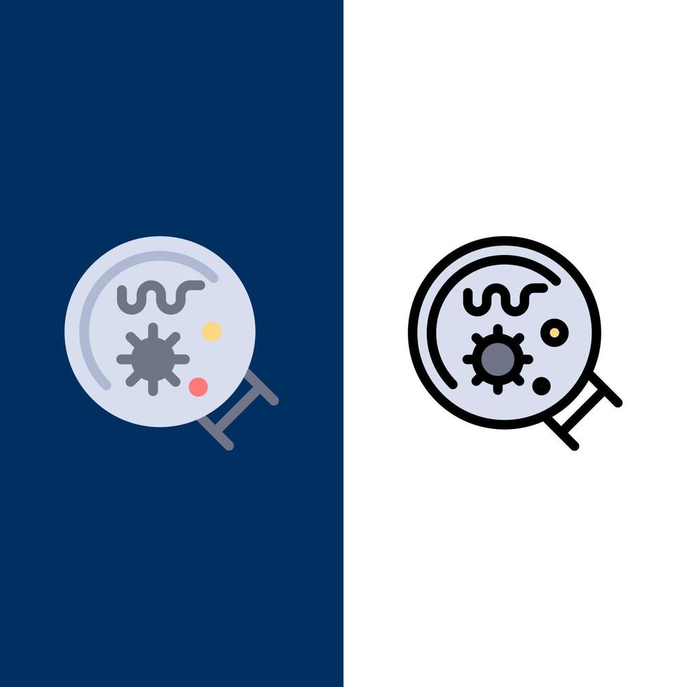germes laboratoire loupe science icônes plat et ligne remplie icône ensemble vecteur fond bleu