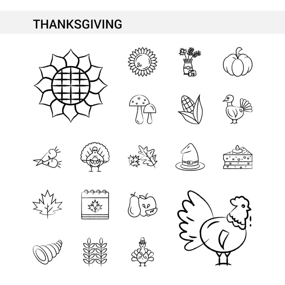 style de jeu d'icônes dessinés à la main de thanksgiving isolé sur le vecteur de fond blanc