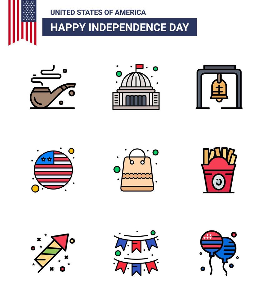 ensemble de 9 icônes de la journée des états-unis symboles américains signes de la fête de l'indépendance pour les colis alerte de sac drapeau international pays éléments de conception vectoriels de la journée des états-unis modifiables vecteur