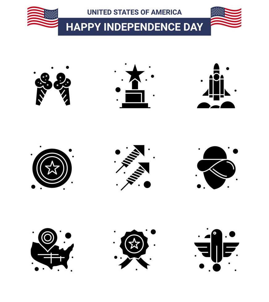 ensemble de 9 icônes de la journée des états-unis symboles américains signes de la fête de l'indépendance pour la célébration du feu d'artifice signe de fusée police modifiable éléments de conception vectorielle de la journée des états-unis vecteur