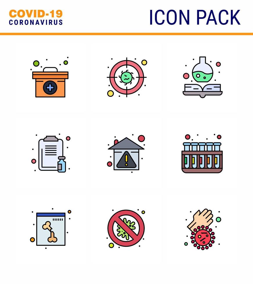 icône de sensibilisation au coronavirus 9 icônes de couleur plate ligne remplie icône incluse rapport de manuel de médecine d'hygiène soins de santé coronavirus viral 2019nov éléments de conception de vecteur de maladie